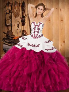 Great Fuchsia Satin and Organza Lace Up Strapless Sleeveless Floor Length Vestidos de Quinceanera Embroidery and Ruffles