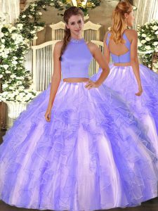 Designer Floor Length Backless Sweet 16 Quinceanera Dress Lavender for Military Ball and Sweet 16 and Quinceanera with Beading and Ruffles