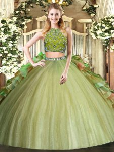 Fantastic Tulle High-neck Sleeveless Zipper Beading and Ruffles Vestidos de Quinceanera in Olive Green