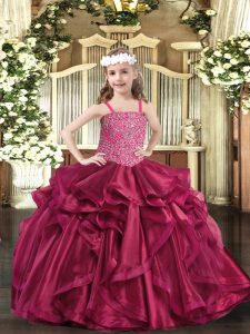 Fantastic Fuchsia Ball Gowns Straps Sleeveless Organza Floor Length Lace Up Beading and Ruffles Custom Made Pageant Dress