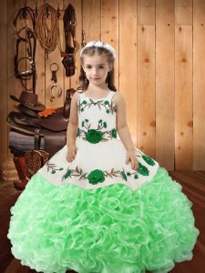 Luxurious Fabric With Rolling Flowers Straps Sleeveless Lace Up Embroidery and Ruffles Pageant Gowns For Girls in Green