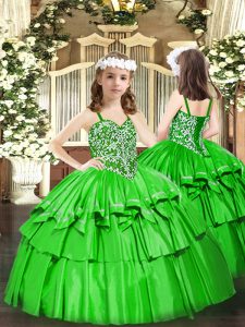 Modern Beading and Ruffled Layers Little Girl Pageant Dress Green Lace Up Sleeveless Floor Length