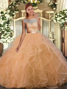 Scoop Sleeveless Sweet 16 Dress Floor Length Lace and Ruffles Peach Tulle