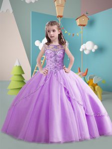 Lavender Lace Up Scoop Beading Kids Pageant Dress Tulle Sleeveless Brush Train