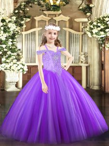 Trendy Off The Shoulder Sleeveless Pageant Dress for Teens Floor Length Beading Lavender Tulle