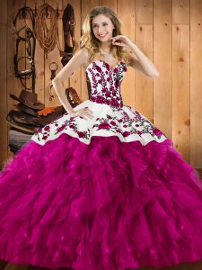 Custom Fit Fuchsia Lace Up Sweetheart Embroidery and Ruffles Quinceanera Gowns Satin and Organza Sleeveless