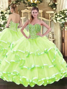 Most Popular Tulle Sweetheart Sleeveless Lace Up Beading and Ruffled Layers 15 Quinceanera Dress in Yellow Green