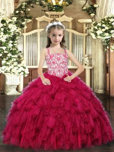 Floor Length Lace Up Little Girls Pageant Dress Wholesale Red for Party and Sweet 16 and Quinceanera and Wedding Party with Beading and Ruffled Layers