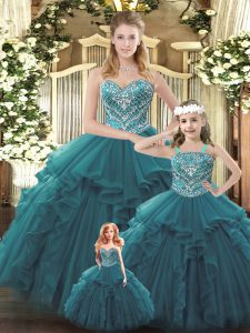 Floor Length Lace Up Quinceanera Gown Teal for Military Ball and Sweet 16 and Quinceanera with Beading and Ruffles