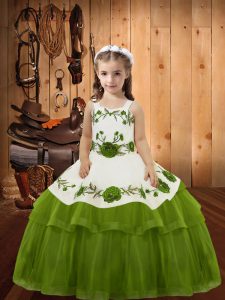 Olive Green Sleeveless Embroidery and Ruffled Layers Floor Length Little Girls Pageant Gowns