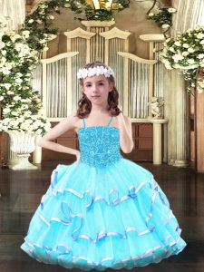 Exquisite Aqua Blue Ball Gowns Spaghetti Straps Sleeveless Organza Floor Length Lace Up Beading and Ruffled Layers Little Girls Pageant Dress