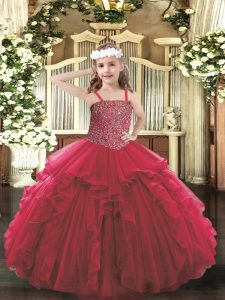 Red Tulle Lace Up Straps Sleeveless Floor Length Girls Pageant Dresses Beading and Ruffles