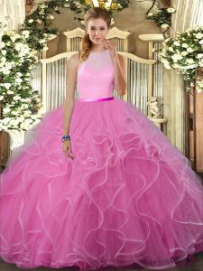 Fancy Rose Pink High-neck Backless Ruffles Quinceanera Dress Sleeveless