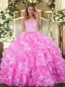 Nice Rose Pink Sleeveless Lace and Ruffled Layers Floor Length Sweet 16 Dresses