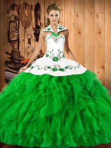 Green Ball Gowns Halter Top Sleeveless Satin and Organza Floor Length Lace Up Embroidery and Ruffles 15th Birthday Dress