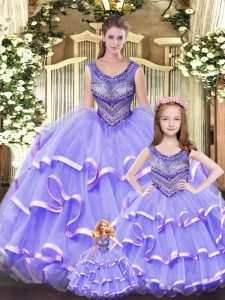 Top Selling Lilac Scoop Neckline Beading and Ruffled Layers Sweet 16 Dresses Sleeveless Lace Up