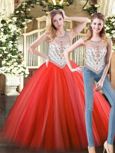 Best Selling Coral Red Sleeveless Beading Floor Length Ball Gown Prom Dress