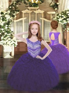 Floor Length Purple Pageant Dress for Girls Organza Sleeveless Beading and Ruffles