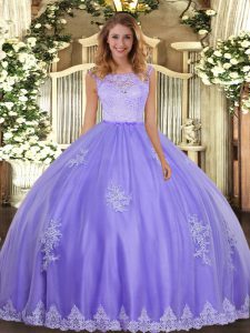 Amazing Lavender Tulle Clasp Handle Vestidos de Quinceanera Sleeveless Floor Length Lace and Appliques