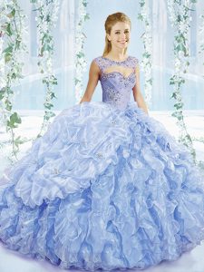 Elegant Lace Up 15 Quinceanera Dress Blue for Sweet 16 and Quinceanera with Beading and Ruffles and Pick Ups Brush Train