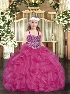 Fuchsia Ball Gowns Straps Sleeveless Organza Floor Length Lace Up Beading and Ruffles Little Girls Pageant Dress