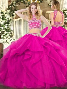 On Sale Fuchsia Tulle Backless High-neck Sleeveless Floor Length Quinceanera Gowns Beading and Ruffles