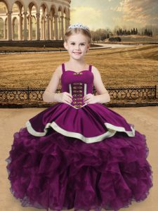 Pretty Purple Sleeveless Floor Length Beading and Ruffles Lace Up Little Girls Pageant Dress Wholesale