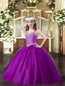 Sleeveless Tulle Floor Length Lace Up Child Pageant Dress in Eggplant Purple with Beading