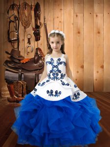 Exquisite Blue Sleeveless Embroidery and Ruffles Floor Length Little Girls Pageant Gowns