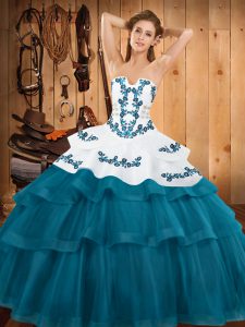 Teal Ball Gowns Tulle Strapless Sleeveless Embroidery and Ruffled Layers Lace Up Sweet 16 Quinceanera Dress Sweep Train