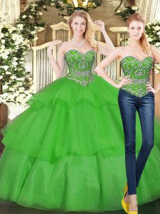 Chic Floor Length Lace Up Ball Gown Prom Dress Green for Military Ball and Sweet 16 and Quinceanera with Beading and Ruffled Layers