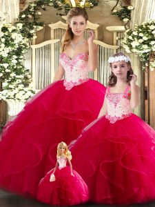 Clearance Floor Length Lace Up Quinceanera Dresses Red for Military Ball and Sweet 16 and Quinceanera with Beading and Ruffles