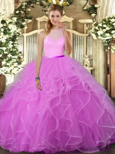 Exquisite Tulle High-neck Sleeveless Backless Ruffles Vestidos de Quinceanera in Lilac