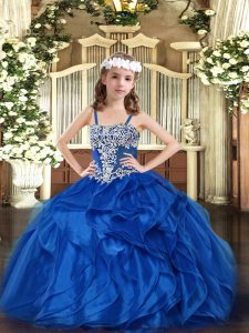 Blue Straps Neckline Appliques and Ruffles Little Girl Pageant Dress Sleeveless Lace Up