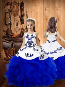 Royal Blue Organza Lace Up Straps Sleeveless Floor Length Girls Pageant Dresses Embroidery and Ruffles