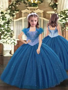 Sleeveless Floor Length Beading Lace Up Little Girls Pageant Gowns with Blue