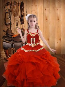 Coral Red Ball Gowns Straps Sleeveless Organza Floor Length Lace Up Embroidery and Ruffles Girls Pageant Dresses