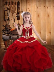 New Arrival Floor Length Wine Red Child Pageant Dress Organza Sleeveless Embroidery and Ruffles