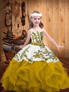 Gold Sleeveless Floor Length Embroidery and Ruffles Lace Up Little Girls Pageant Gowns