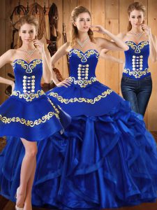 Customized Royal Blue Organza Lace Up Sweet 16 Dresses Sleeveless Floor Length Embroidery and Ruffles