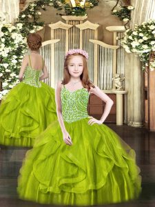 Olive Green Sleeveless Tulle Lace Up Little Girl Pageant Gowns for Party and Quinceanera