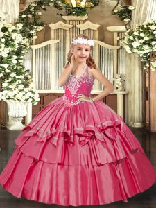 Best V-neck Sleeveless Lace Up Pageant Dress for Teens Hot Pink Organza