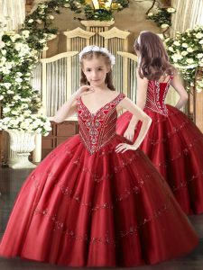 Fashionable Tulle V-neck Sleeveless Lace Up Beading and Appliques Pageant Dress for Womens in Red