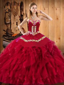 Custom Made Wine Red Satin and Organza Lace Up 15 Quinceanera Dress Sleeveless Floor Length Embroidery and Ruffles