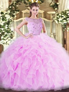 Adorable Lilac Zipper Bateau Beading and Ruffles Quinceanera Dress Tulle Sleeveless