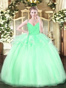 Sophisticated Apple Green Ball Gowns Spaghetti Straps Sleeveless Organza Floor Length Zipper Ruffles Sweet 16 Dress