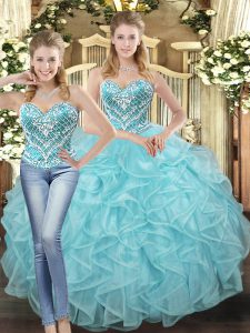 Custom Fit Sleeveless Tulle Floor Length Lace Up Sweet 16 Quinceanera Dress in Baby Blue with Beading and Ruffles