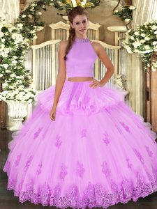 High End Sleeveless Tulle Floor Length Backless Ball Gown Prom Dress in Lilac with Beading and Appliques and Ruffles