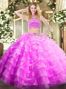 Sleeveless Floor Length Beading and Ruffled Layers Backless Sweet 16 Dresses with Lilac