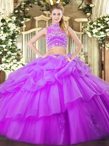 Gorgeous Eggplant Purple Tulle Backless Quince Ball Gowns Sleeveless Floor Length Beading and Ruffles and Pick Ups